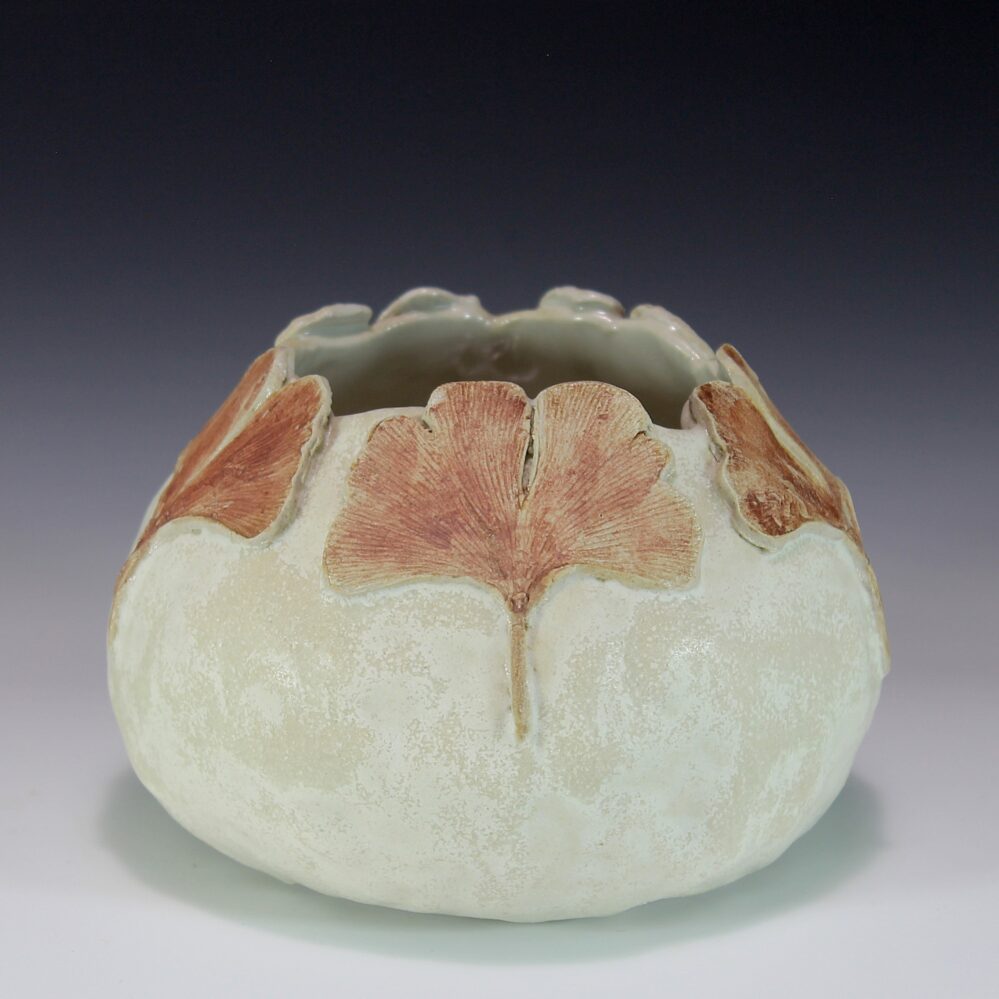 porcelain pinch pot with ginkgo leaves